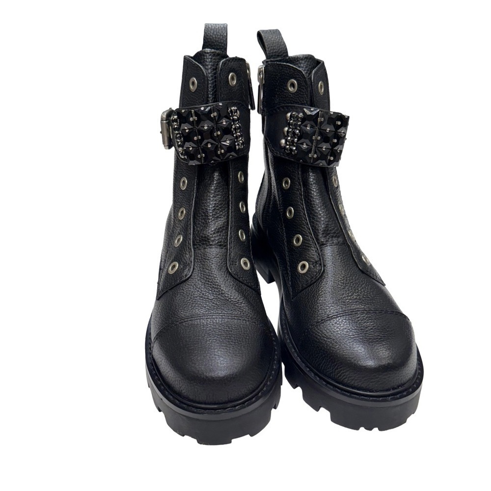 Karl Lagerfeld Maeva Women’s Embellished Black Leather Combat Boot Zip Up Sz 8 - Picture 2 of 10